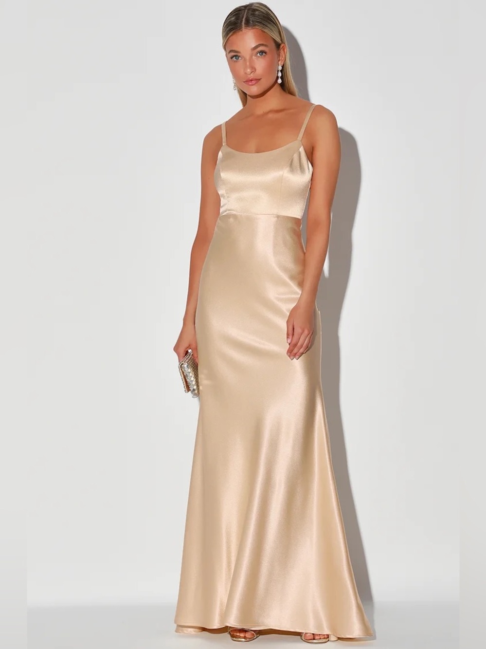 NWT Lulus Make You Shine Champagne Satin Mermaid Maxi Dress Size Large
